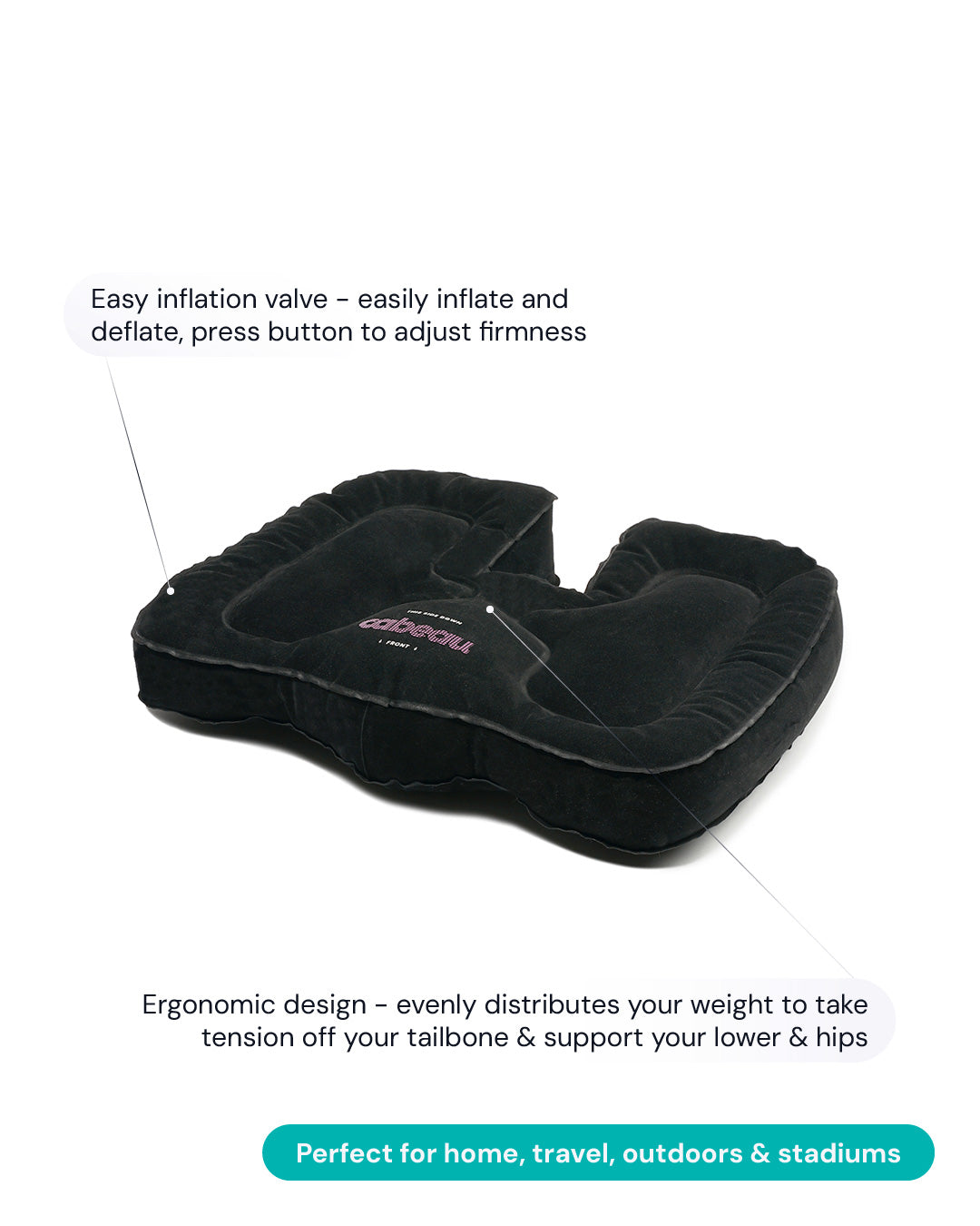 Shows a diagram of the Evolution Cushion inflatable pillow. Points to key features.