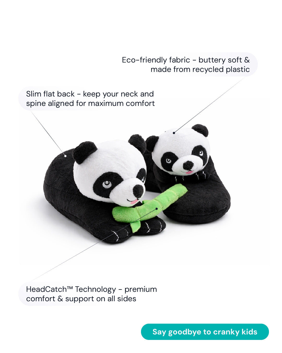 Shows a diagram of the Evolution Kids neck pillow. Points to key features.