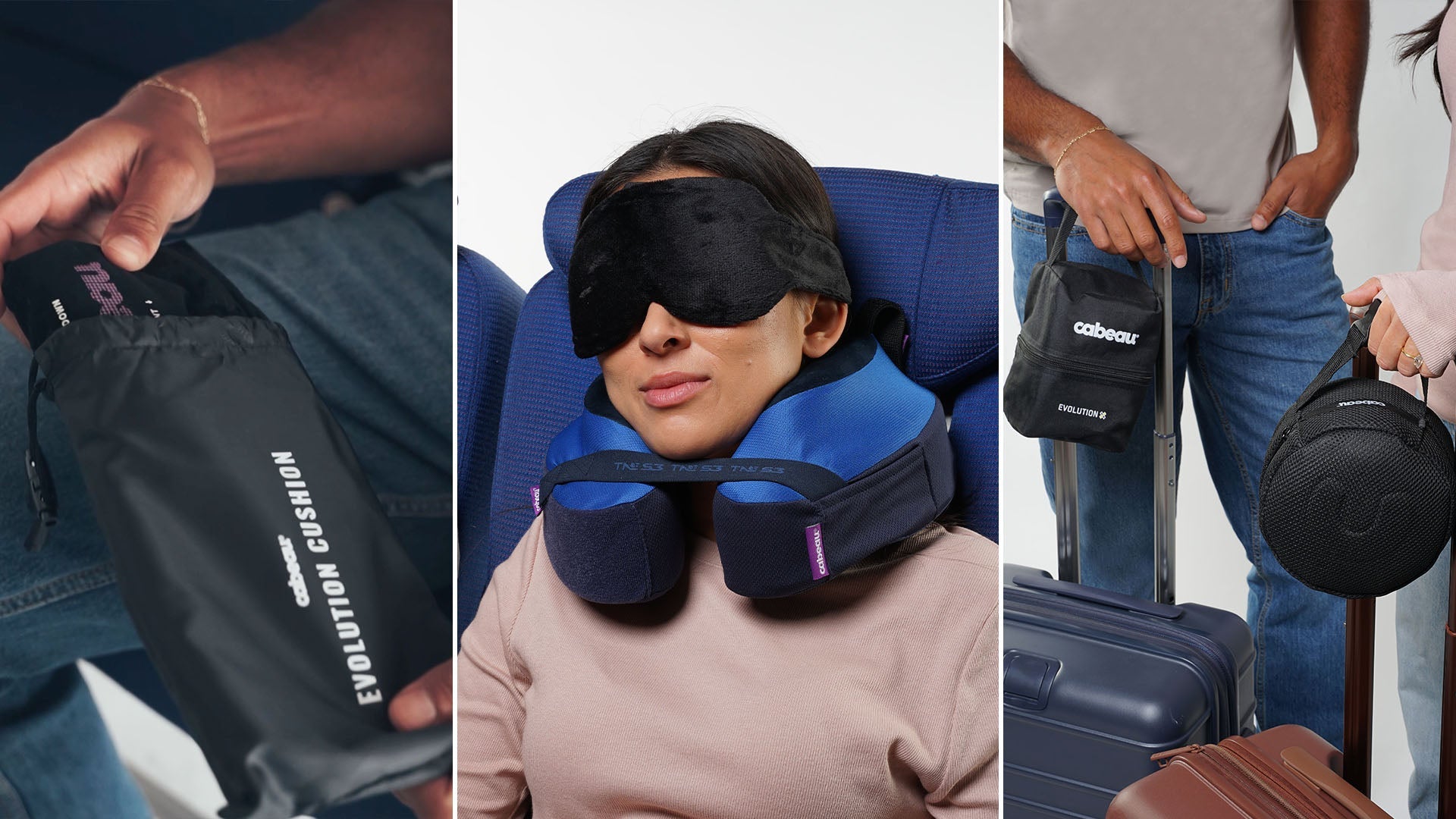 Woman sleeping on airplane with Cabeau sleep mask, blanket, and travel neck pillow. All other passengers look uncomfortable