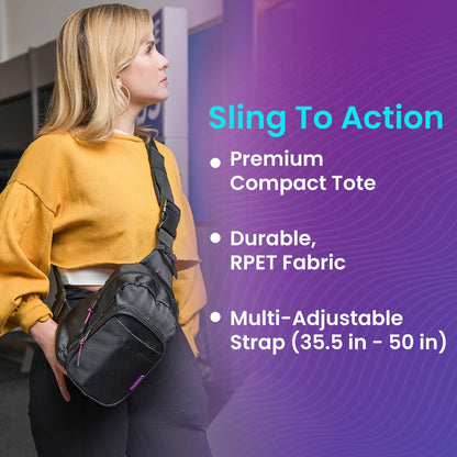 On - The - Go Sling Pack - premium compact tote, durable rPET fabric, multi-adjustable strap (35.5 in - 50 in)