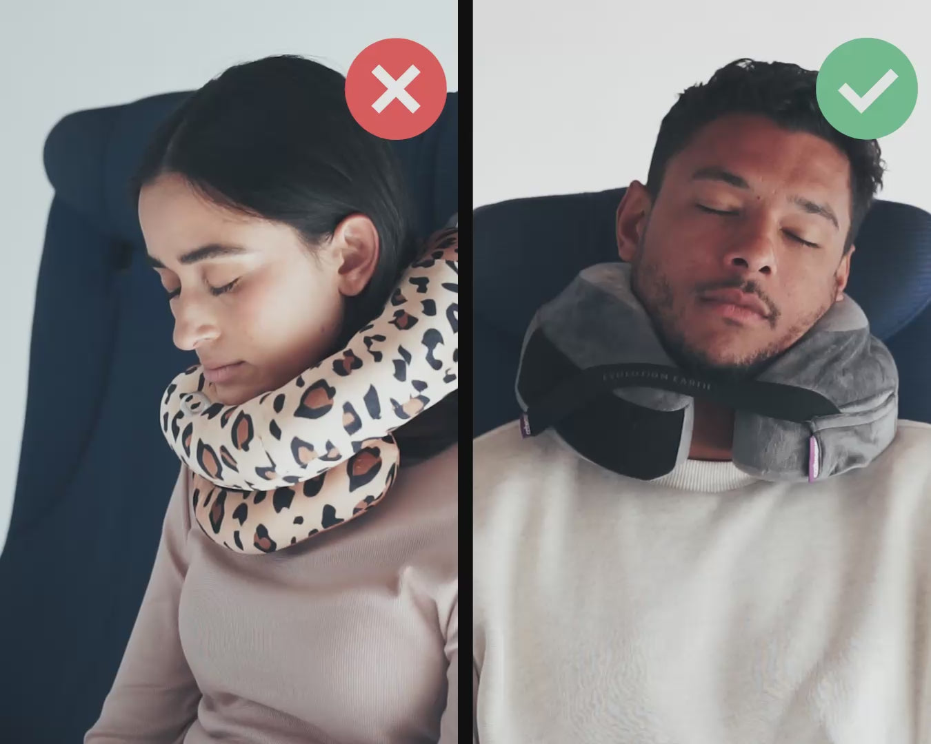Cargar video: Cabeau's sustainable Evolution Earth Deluxe pillow showing a passenger comfortably in an airplane seat,  in contrast to competitor pillows with lack of support