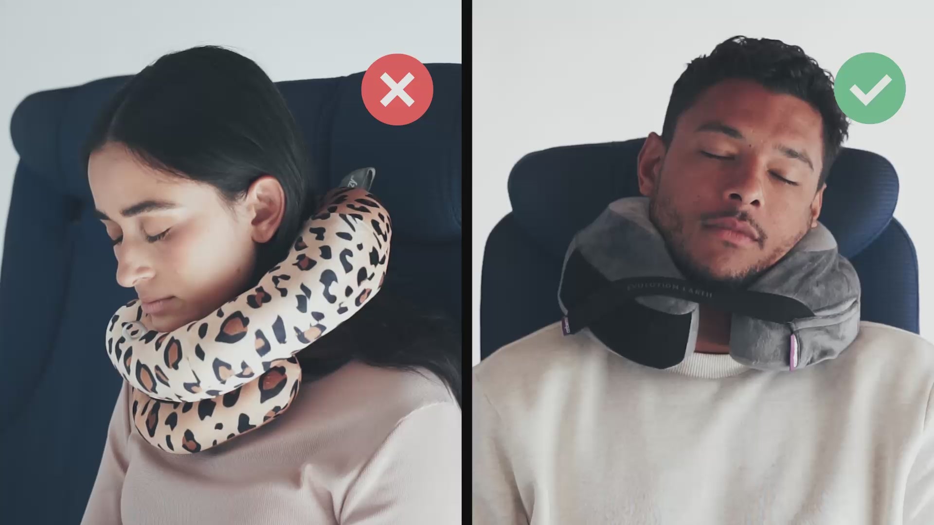 Cargar video: Cabeau's sustainable Evolution Earth Deluxe pillow showing a passenger comfortably in an airplane seat,  in contrast to competitor pillows with lack of support