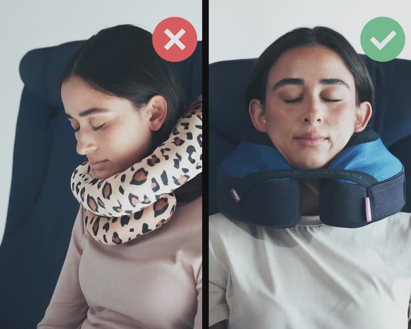 Cabeau's TNE S3 pillow showing a passenger comfortably in an airplane seat,  in contrast to competitor pillows with lack of support