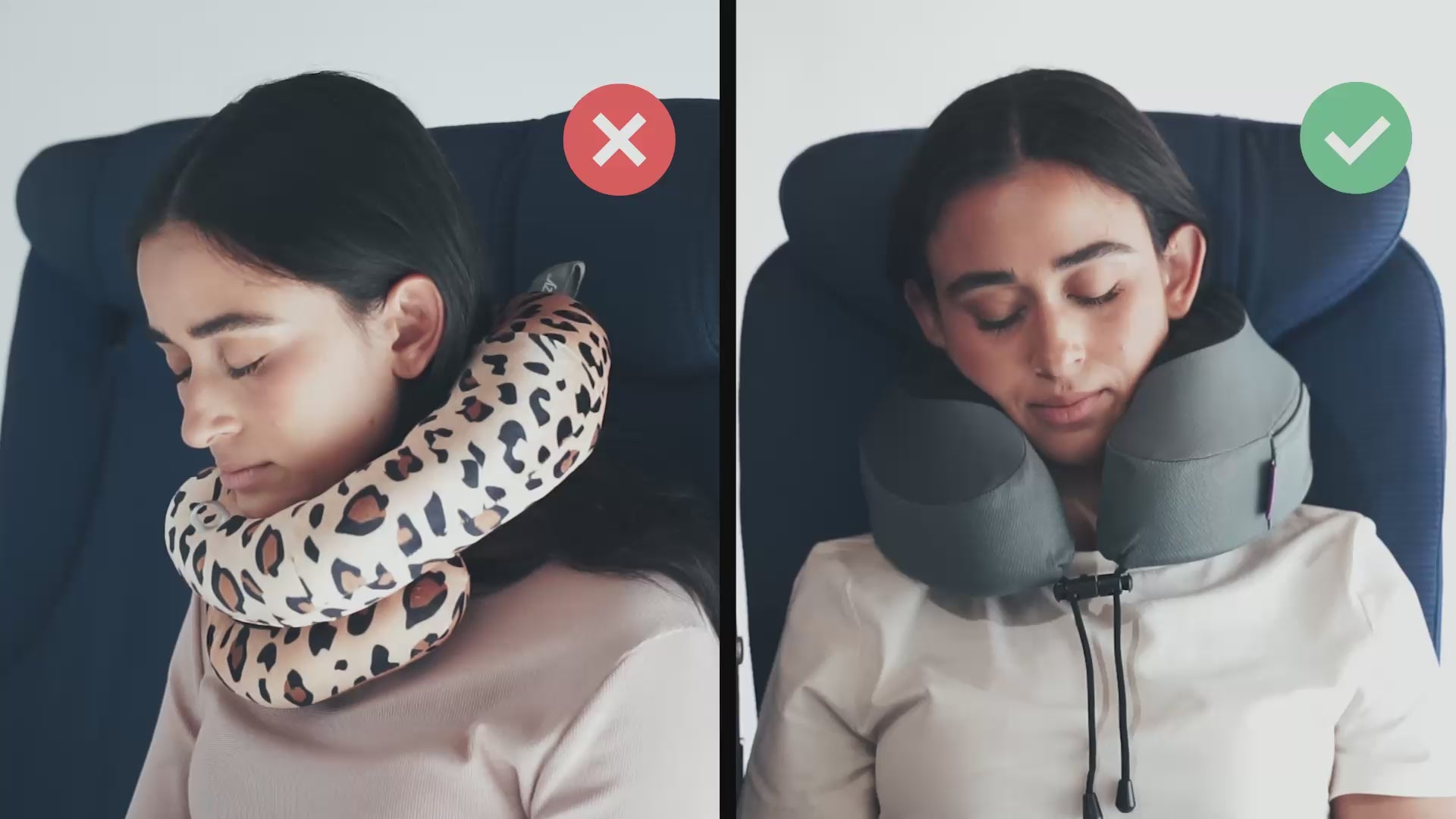 Załaduj wideo: Cabeau's Evolution S3 neck pillow showing a passenger comfortably in an airplane seat,  in contrast to competitor pillows with lack of support