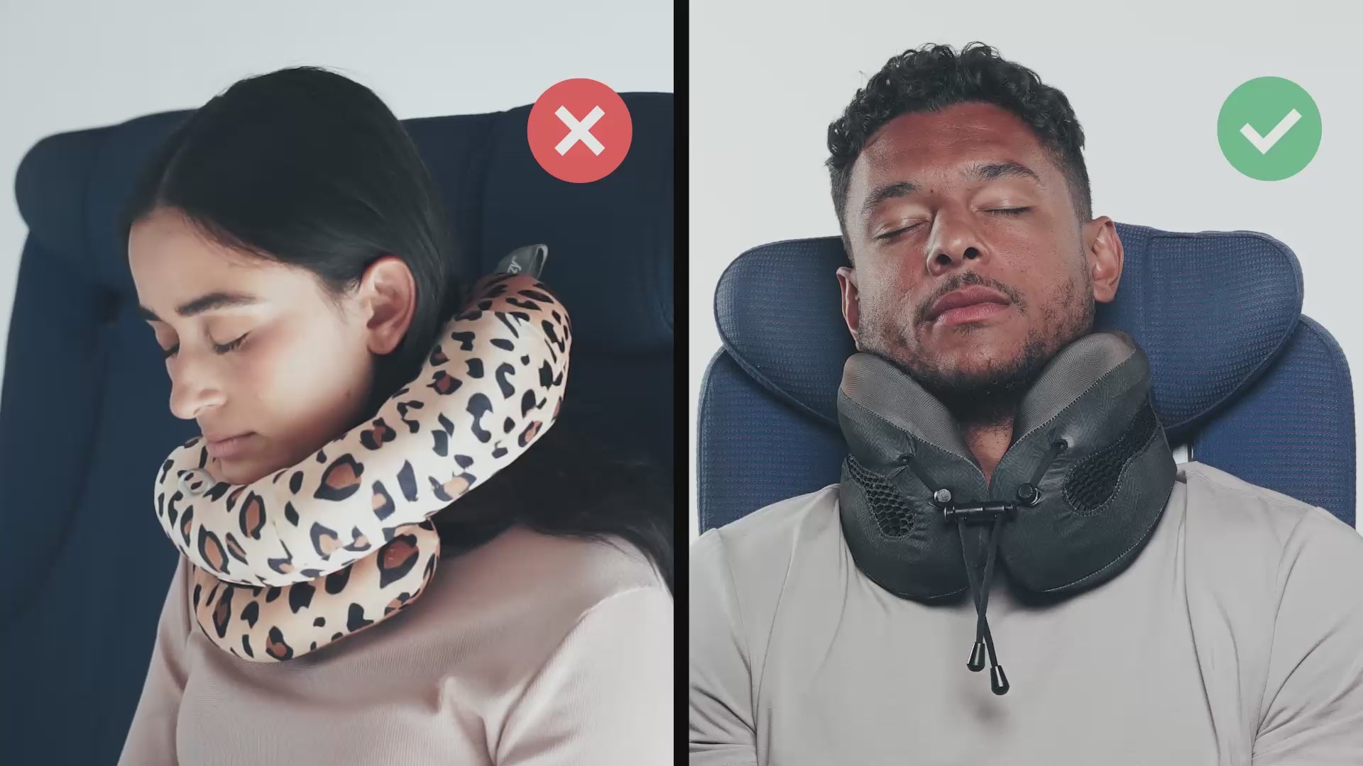 Cargar video: Cabeau's Evolution Cool neck pillow showing a passenger comfortably in an airplane seat,  in contrast to competitor pillows with lack of support