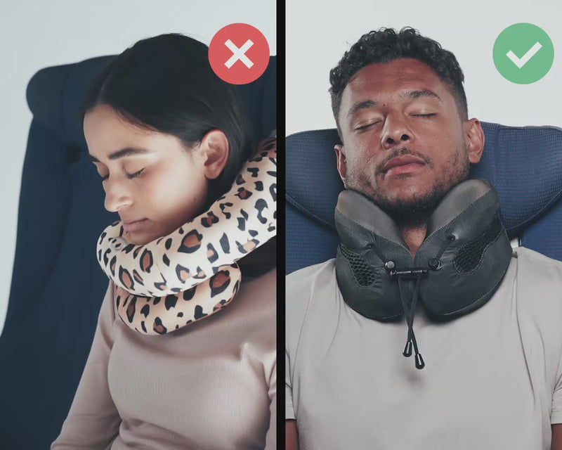 Cabeau's Evolution Cool neck pillow showing a passenger comfortably in an airplane seat,  in contrast to competitor pillows with lack of support