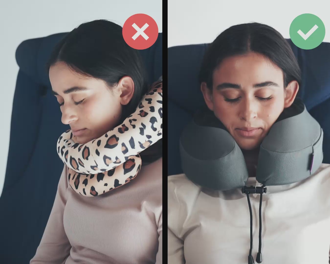 Załaduj wideo: Cabeau's Evolution S3 neck pillow showing a passenger comfortably in an airplane seat,  in contrast to competitor pillows with lack of support
