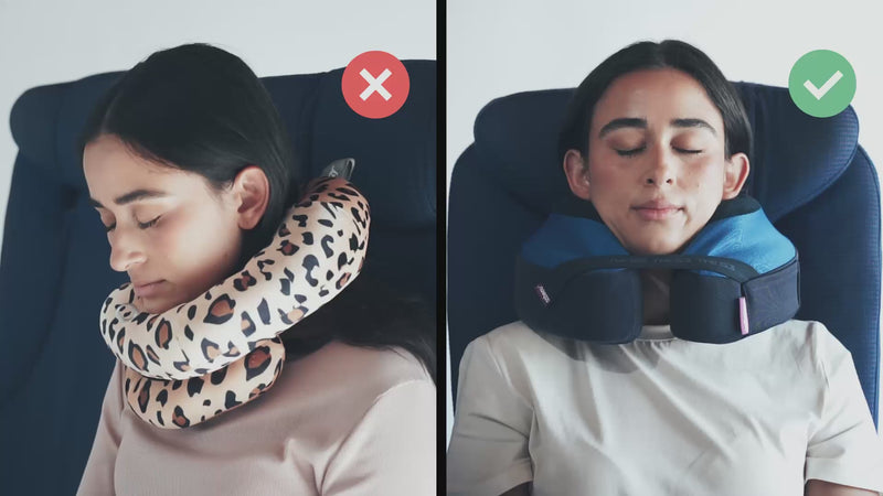 Cabeau's TNE S3 pillow showing a passenger comfortably in an airplane seat,  in contrast to competitor pillows with lack of support